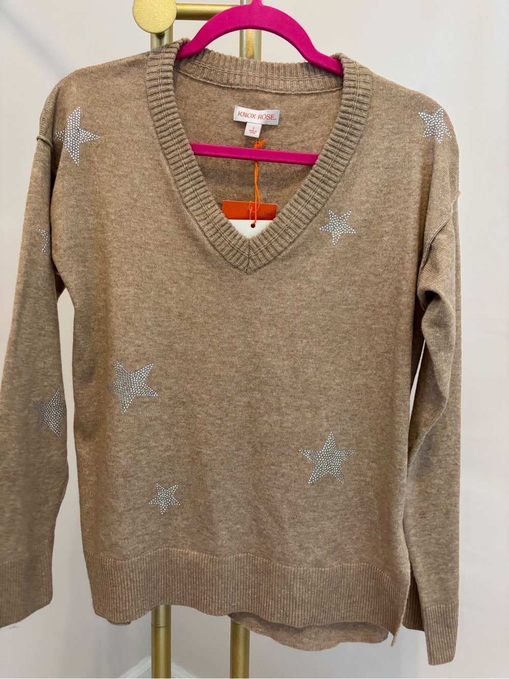Knox Rose Taupe V-Neck Sweater with Silver Star Accents